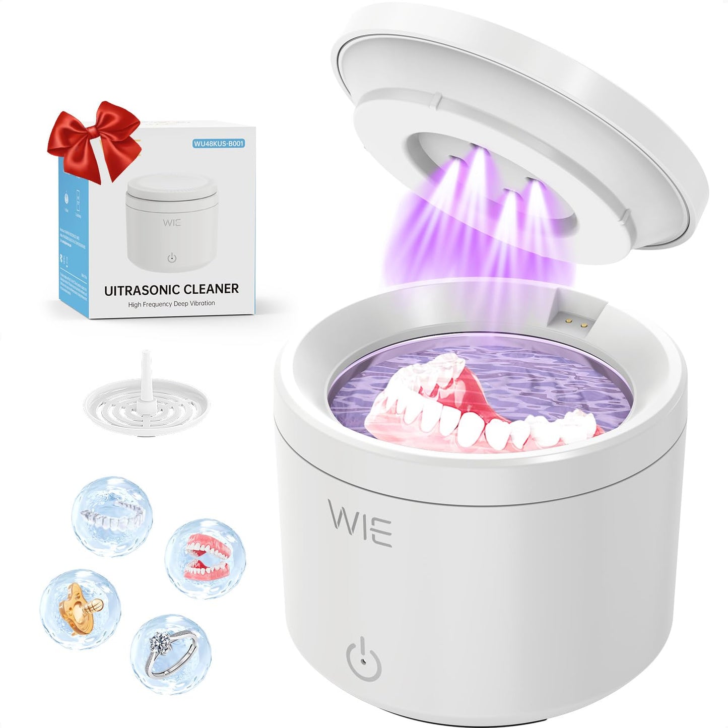 Ultrasonic Retainer Cleaner Machine – 48kHz Cleaner for Dentures, Night Guards, Jewelry, Aligner, Toothbrush Head | 200ML Portable UV Cleaning Pod (White)