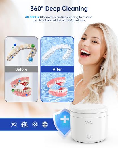 Ultrasonic Retainer Cleaner Machine – 48kHz Cleaner for Dentures, Night Guards, Jewelry, Aligner, Toothbrush Head | 200ML Portable UV Cleaning Pod (White)
