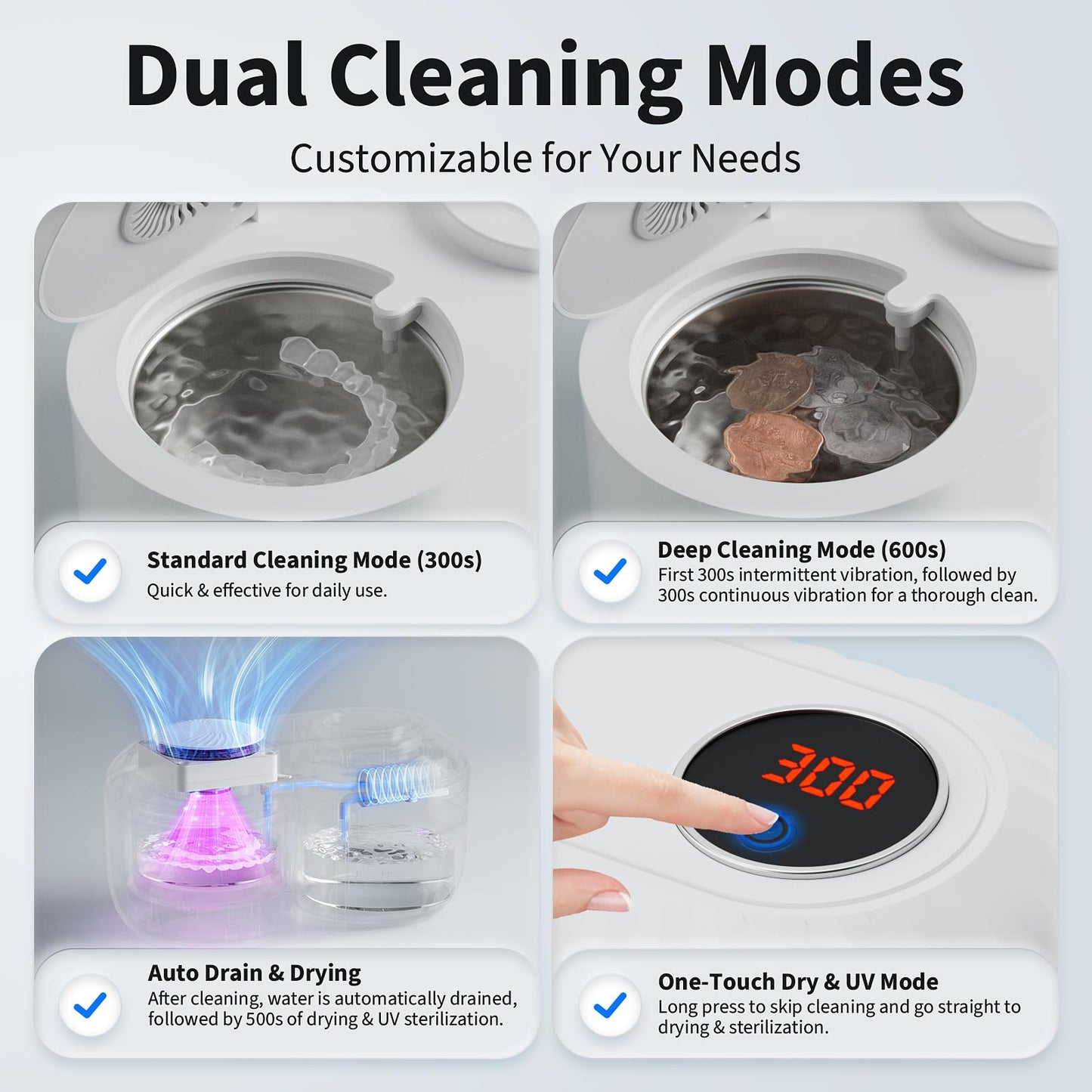 Ultrasonic Retainer Cleaner 45kHz, 200ml – Clean, Dry, Auto | White