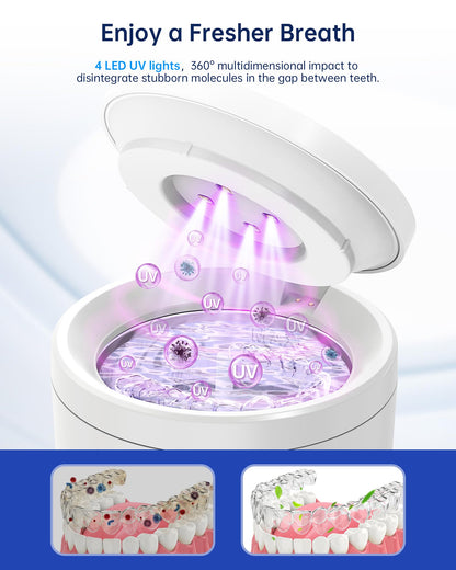 Ultrasonic Retainer Cleaner Machine – 48kHz Cleaner for Dentures, Night Guards, Jewelry, Aligner, Toothbrush Head | 200ML Portable UV Cleaning Pod (White)