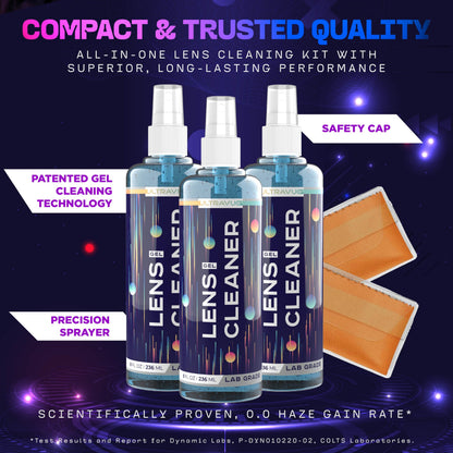 ULTRAVUE Eyeglass Gel Lens Cleaner Spray Kit – 3 x 1oz Gel, 2 Microfiber Cloths, Safe for All Lenses (AR Coated)