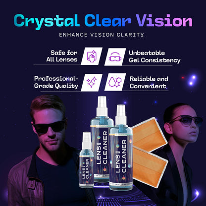 ULTRAVUE Gel Lens Cleaner Kit – 2x8oz + 1x2oz with 2 Microfiber Cloths | Safe for All Lenses (AR Coated Included)