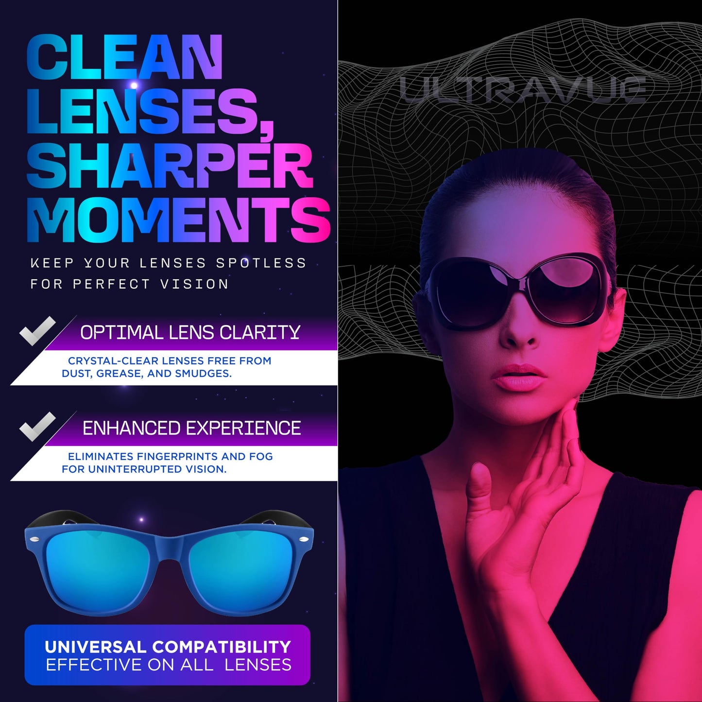 ULTRAVUE Gel Lens Cleaner Kit – 2x8oz + 1x2oz with 2 Microfiber Cloths | Safe for All Lenses (AR Coated Included)