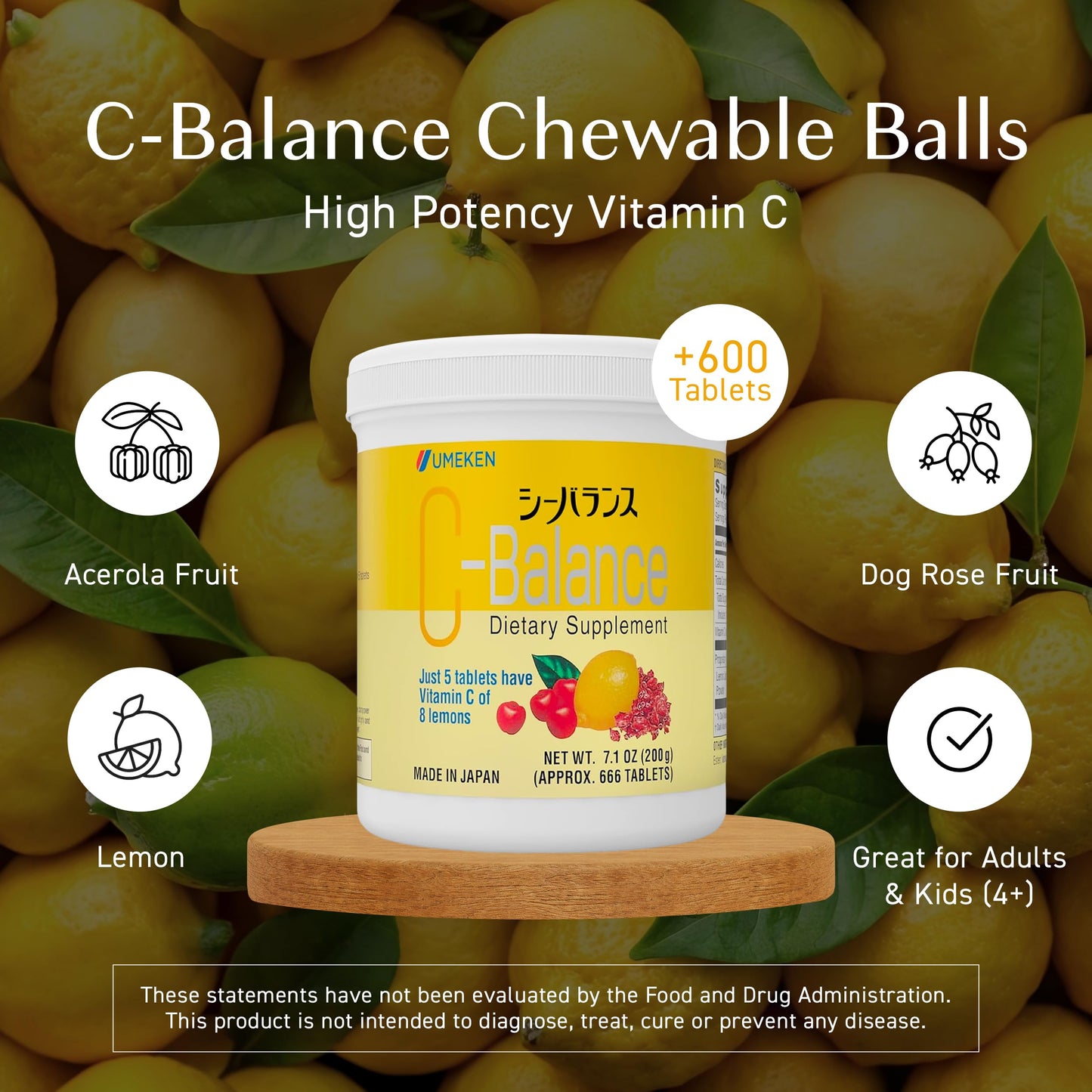 Umeken C-Balance Chewable Vitamin C - High Potency for Adults & Kids, 200g (4.5 Months)