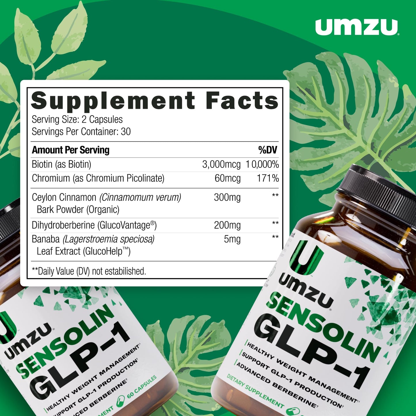 UMZU Sensolin GLP-1 Support Supplement – 30 Day Supply with Dihydroberberine, Cinnamon, Chromium & Biotin