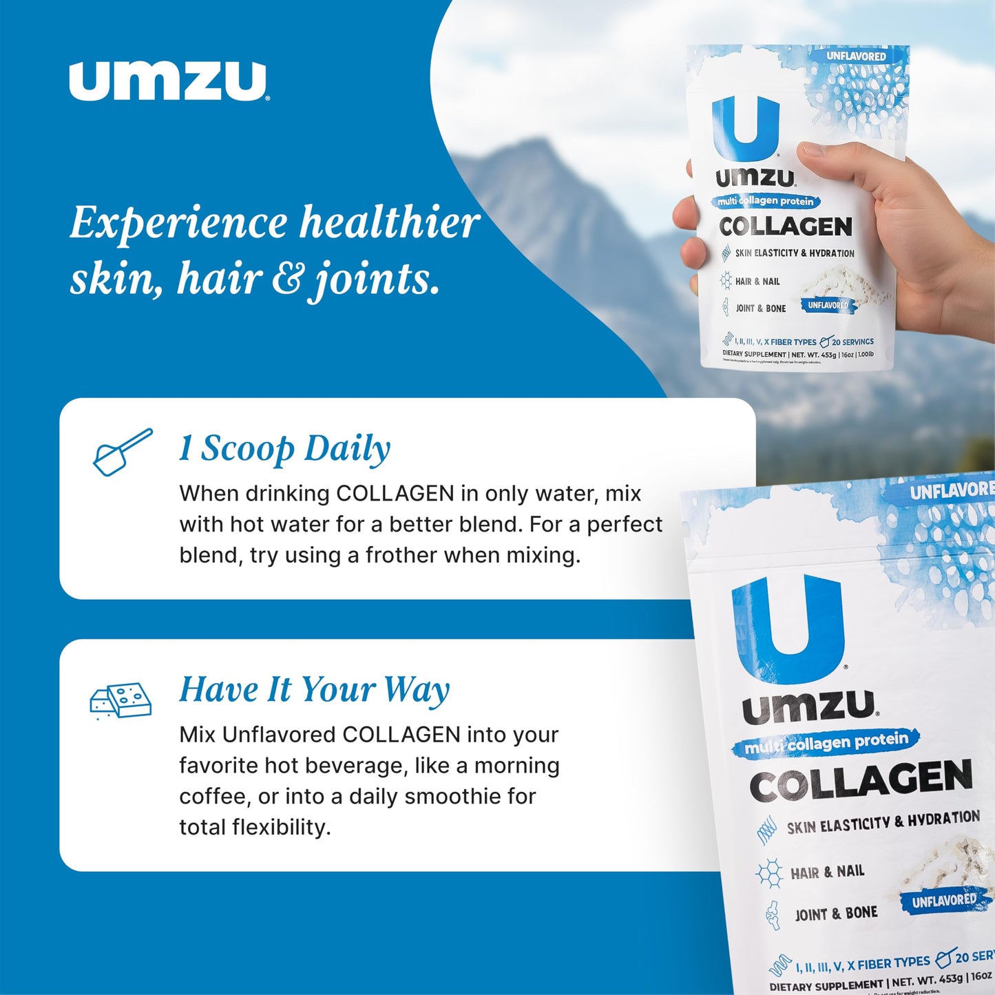 UMZU zuCollagen Multi Collagen Protein Powder – Unflavored | 20g Protein, Low Calorie, 5 Types I-X