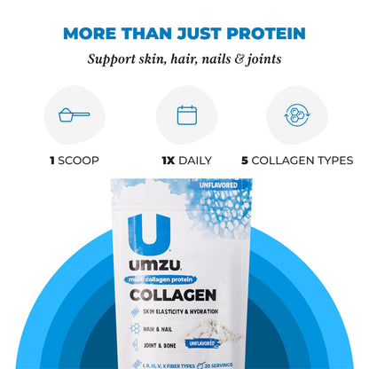 UMZU zuCollagen Multi Collagen Protein Powder – Unflavored | 20g Protein, Low Calorie, 5 Types I-X