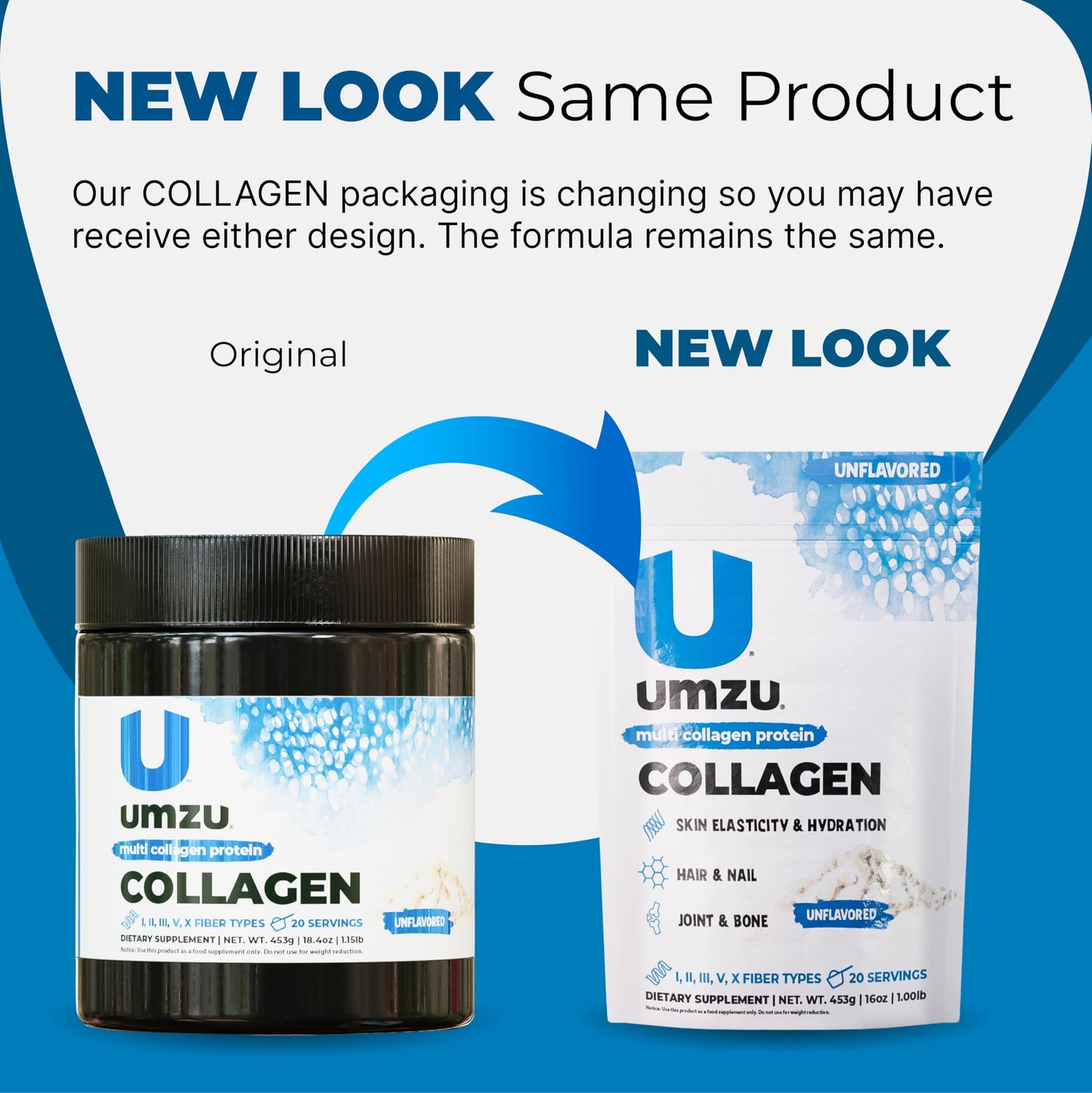 UMZU zuCollagen Multi Collagen Protein Powder – Unflavored | 20g Protein, Low Calorie, 5 Types I-X