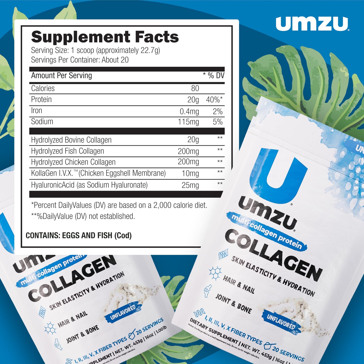 UMZU zuCollagen Multi Collagen Protein Powder – Unflavored | 20g Protein, Low Calorie, 5 Types I-X