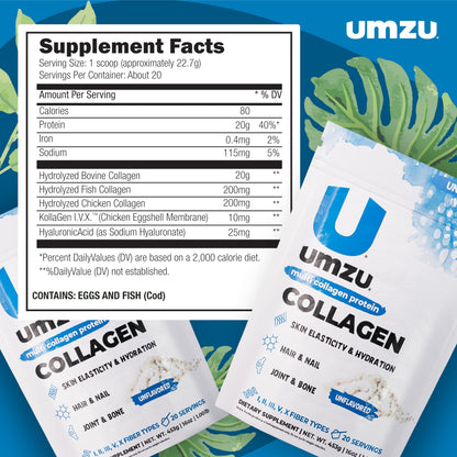 UMZU zuCollagen Multi Collagen Protein Powder – Unflavored | 20g Protein, Low Calorie, 5 Types I-X