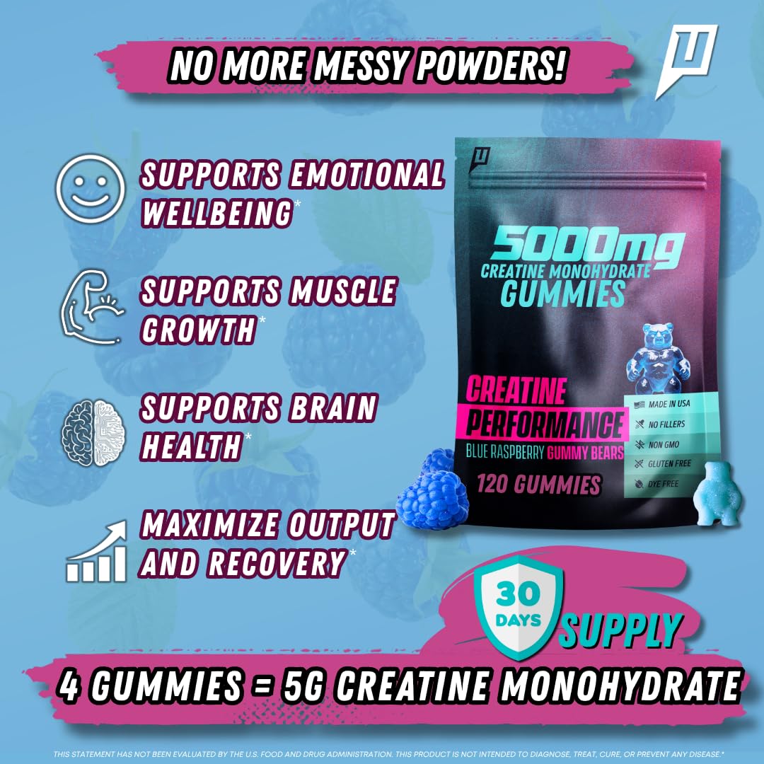 Uncaged Performance Creatine Monohydrate Gummies 5G – Blue Raspberry, 30 Servings | Max Strength, Fast Absorption
