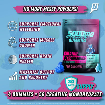 Uncaged Performance Creatine Monohydrate Gummies 5G – Blue Raspberry, 30 Servings | Max Strength, Fast Absorption