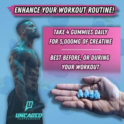 Uncaged Performance Creatine Monohydrate Gummies 5G – Blue Raspberry, 30 Servings | Max Strength, Fast Absorption