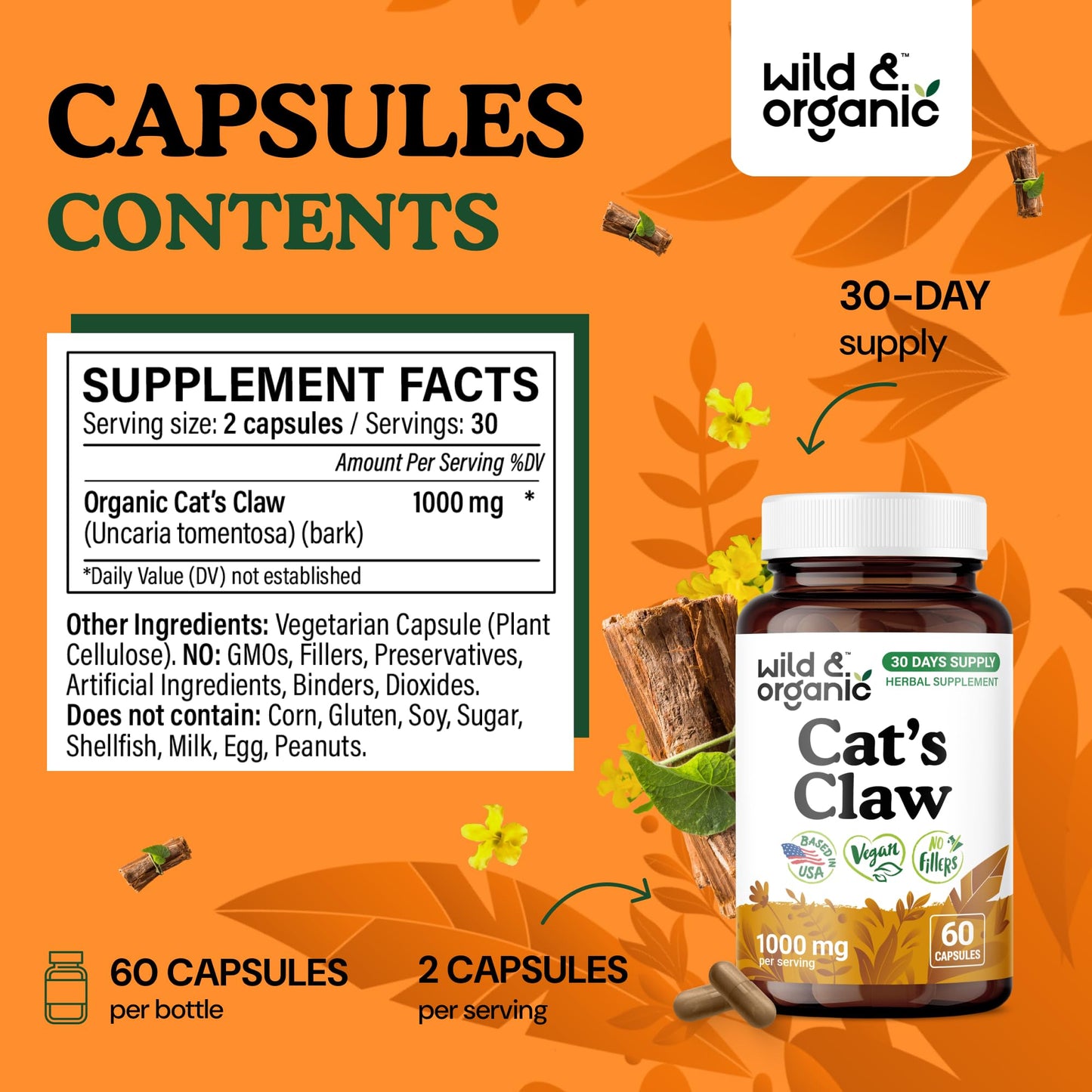 Wild & Organic Cat's Claw 1000 mg - Immune Support | Vegan, Non-GMO | 60 Count