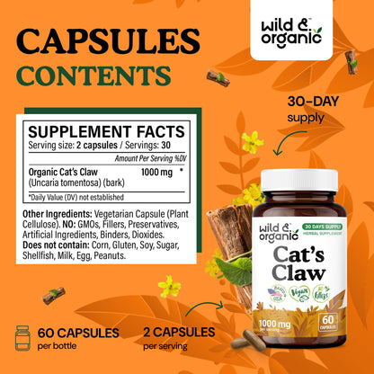 Wild & Organic Cat's Claw 1000 mg - Immune Support | Vegan, Non-GMO | 60 Count
