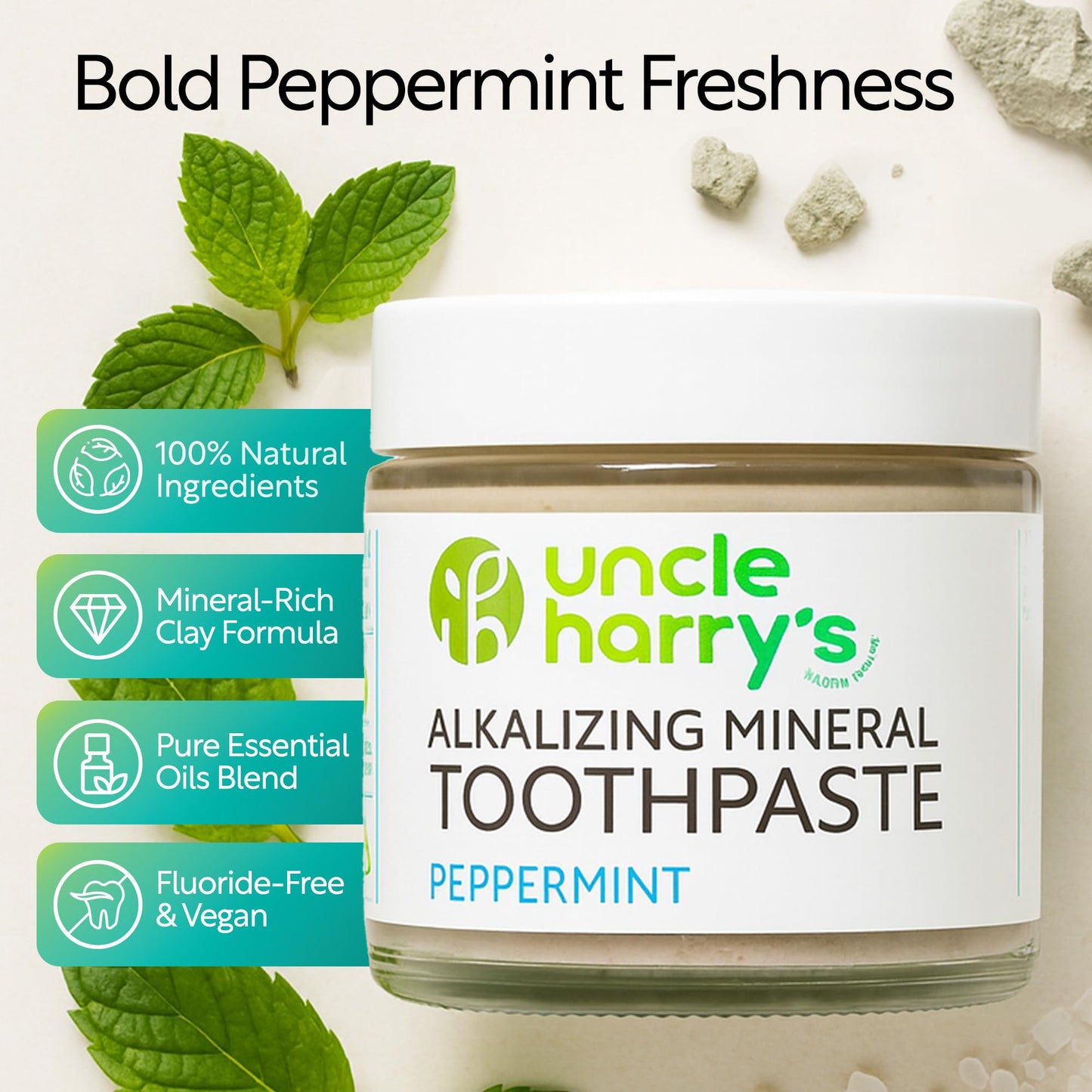 Uncle Harry's Peppermint Remineralizing Toothpaste – Natural Whitening, Vegan, Fluoride-Free (2 Pack)