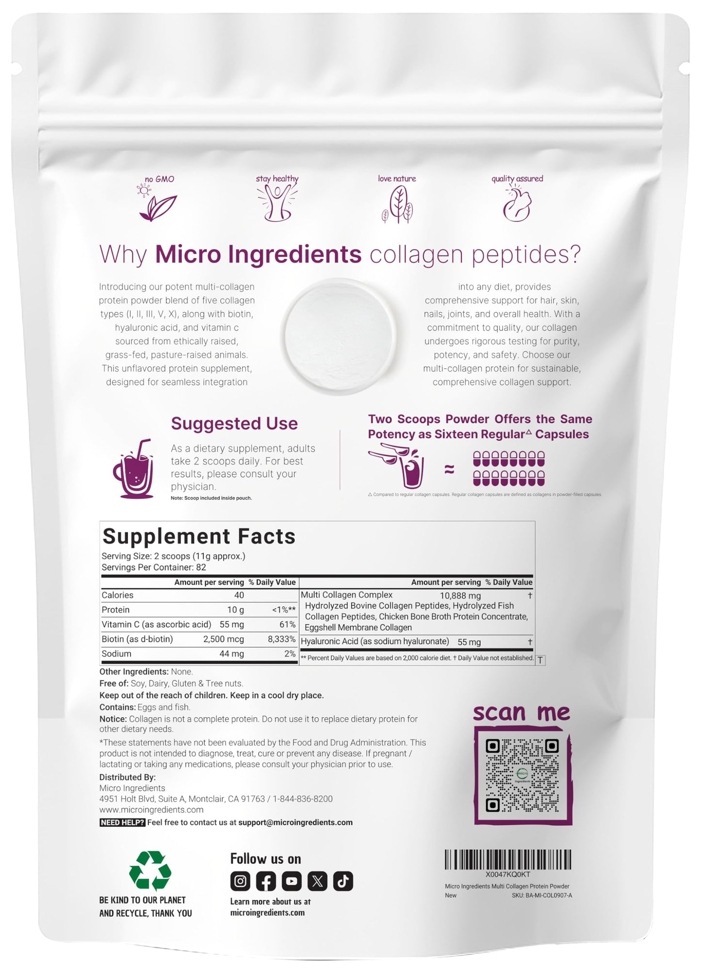 Micro Ingredients Multi Collagen Peptides Powder 2lb – Full Spectrum Types I, II, III, V, X + Hyaluronic Acid, Biotin & Vitamin C | Unflavored | Keto & Paleo | Non-GMO