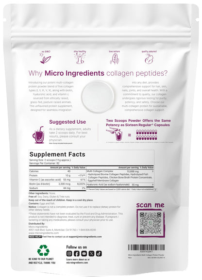 Micro Ingredients Multi Collagen Peptides Powder 2lb – Full Spectrum Types I, II, III, V, X + Hyaluronic Acid, Biotin & Vitamin C | Unflavored | Keto & Paleo | Non-GMO