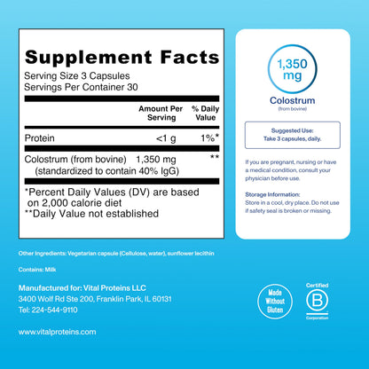 Vital Proteins Bovine Colostrum Capsules - Unflavored, 90 Count | 40% IgG for Gut & Immune Support