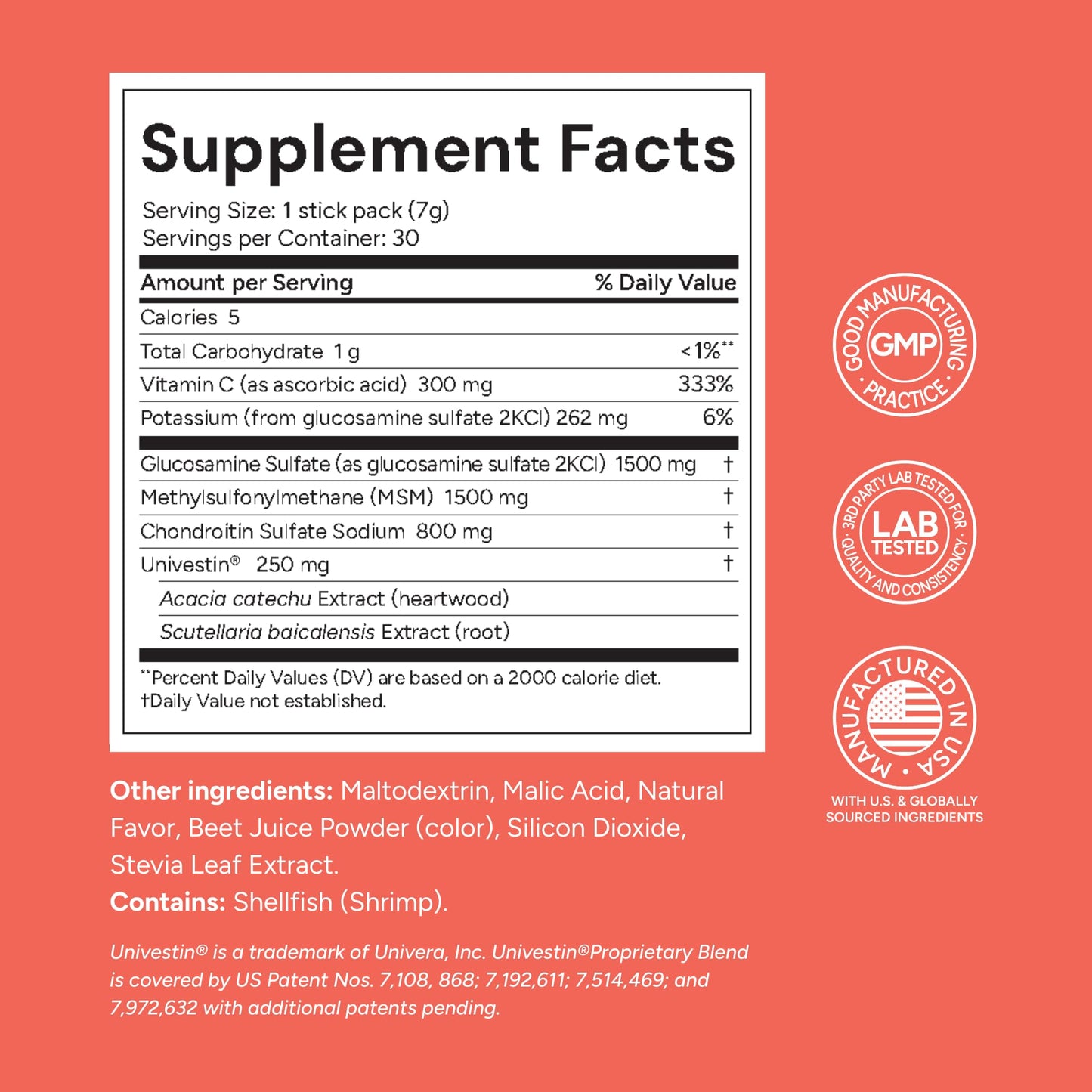 Univera Glucosamine, Chondroitin, MSM with Univestin – Raspberry Joint Support Powder Drink Mix | 30-Day Supply (7g x 30 Sticks)