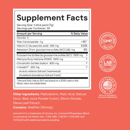 Univera Glucosamine, Chondroitin, MSM with Univestin – Raspberry Joint Support Powder Drink Mix | 30-Day Supply (7g x 30 Sticks)