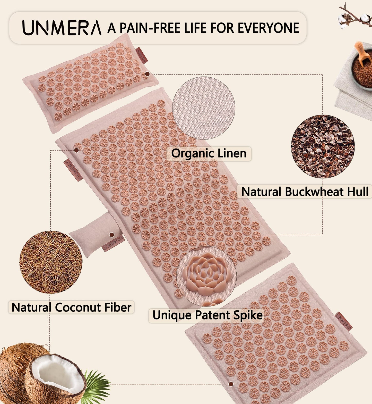 UNMERA Acupressure Mat & Pillow Set – Linen & Coconut Fiber Pain Relief