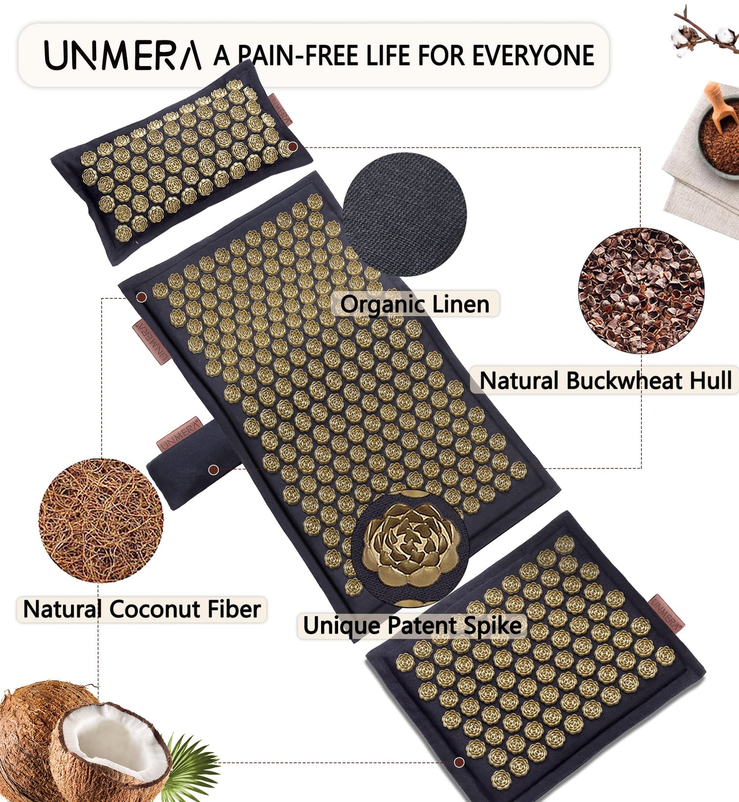 UNMERA Acupressure Mat & Pillow Set - Natural Linen & Coconut Fiber Filling for Back & Neck Pain Relief