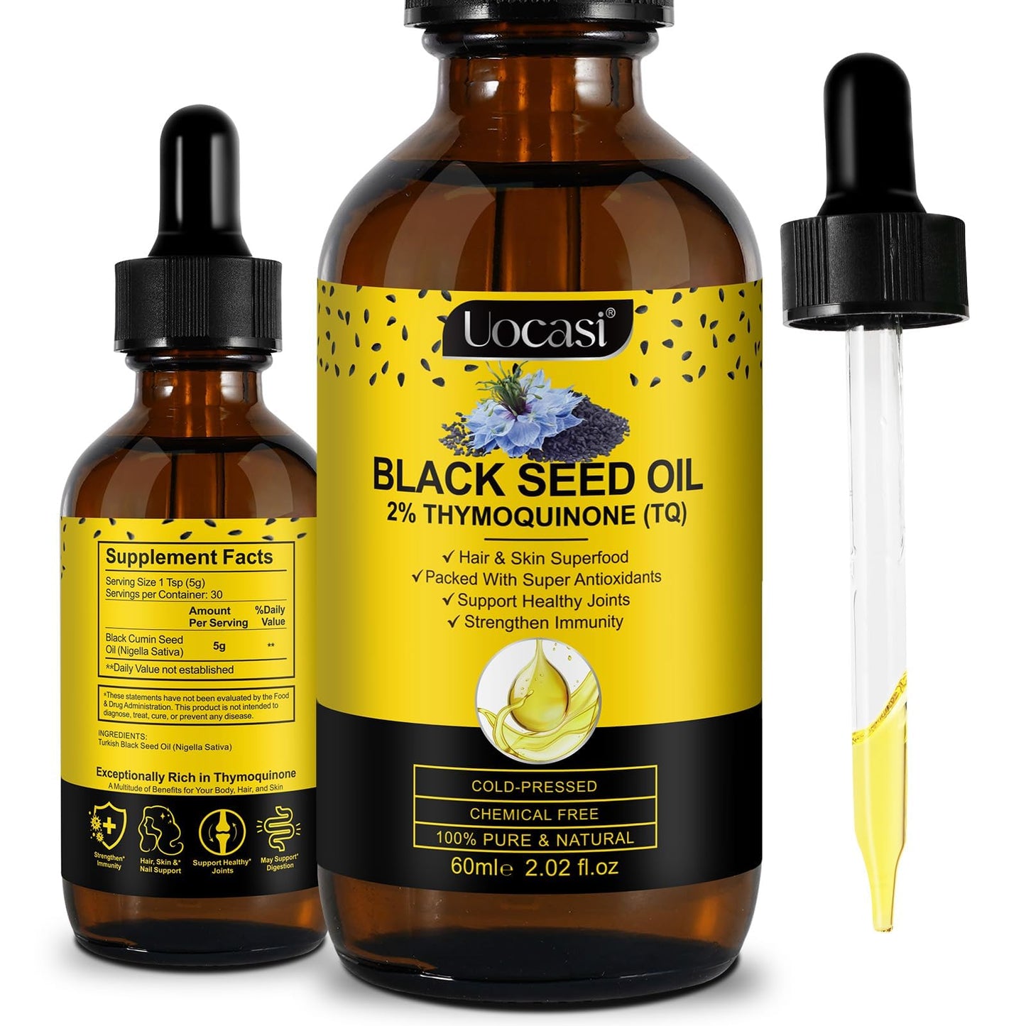 Uocasi Black Seed Oil – Cold Pressed, 100% Pure & Natural, Hair Growth & Skin Care, 2.02 Fl Oz