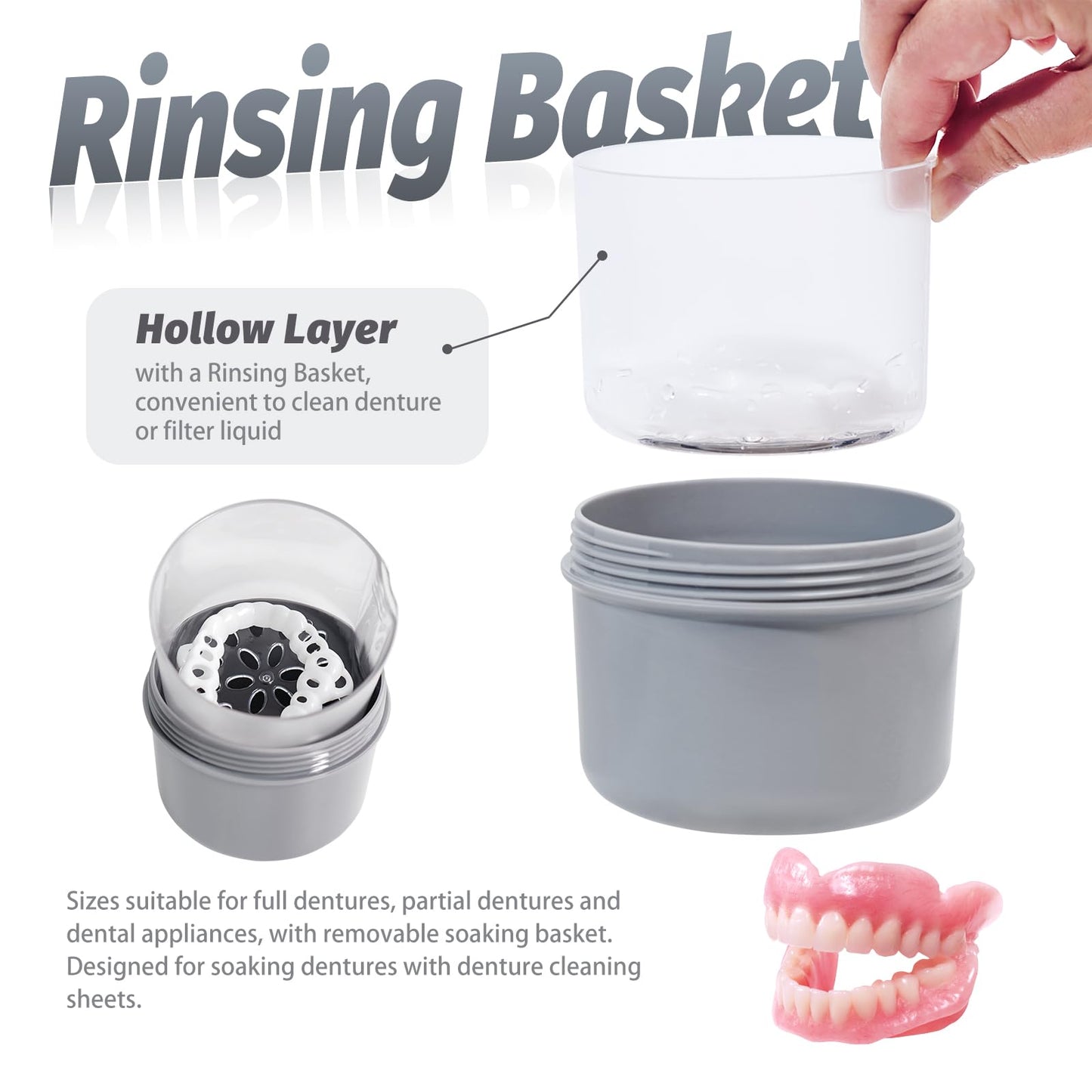 Uouovo Large Denture Bath Cup Grey – Leak-Proof Denture Case for Soaking & Cleaning