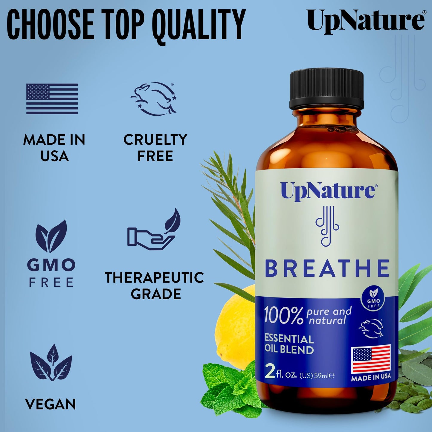 UpNature Breathe Essential Oils Blend (2oz) – Eucalyptus, Peppermint & Tea Tree for Diffusers