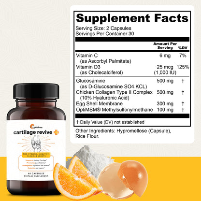 UpWellness Cartilage Revive + Joint Support – Type II Collagen, Glucosamine, MSM, Vitamin D3 & C – 60 Capsules