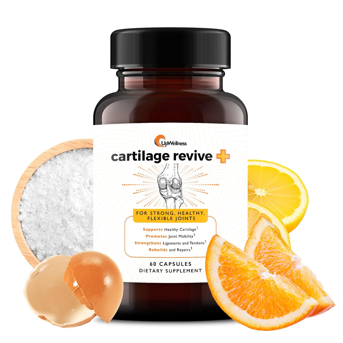 UpWellness Cartilage Revive + Joint Support – Type II Collagen, Glucosamine, MSM, Vitamin D3 & C – 60 Capsules