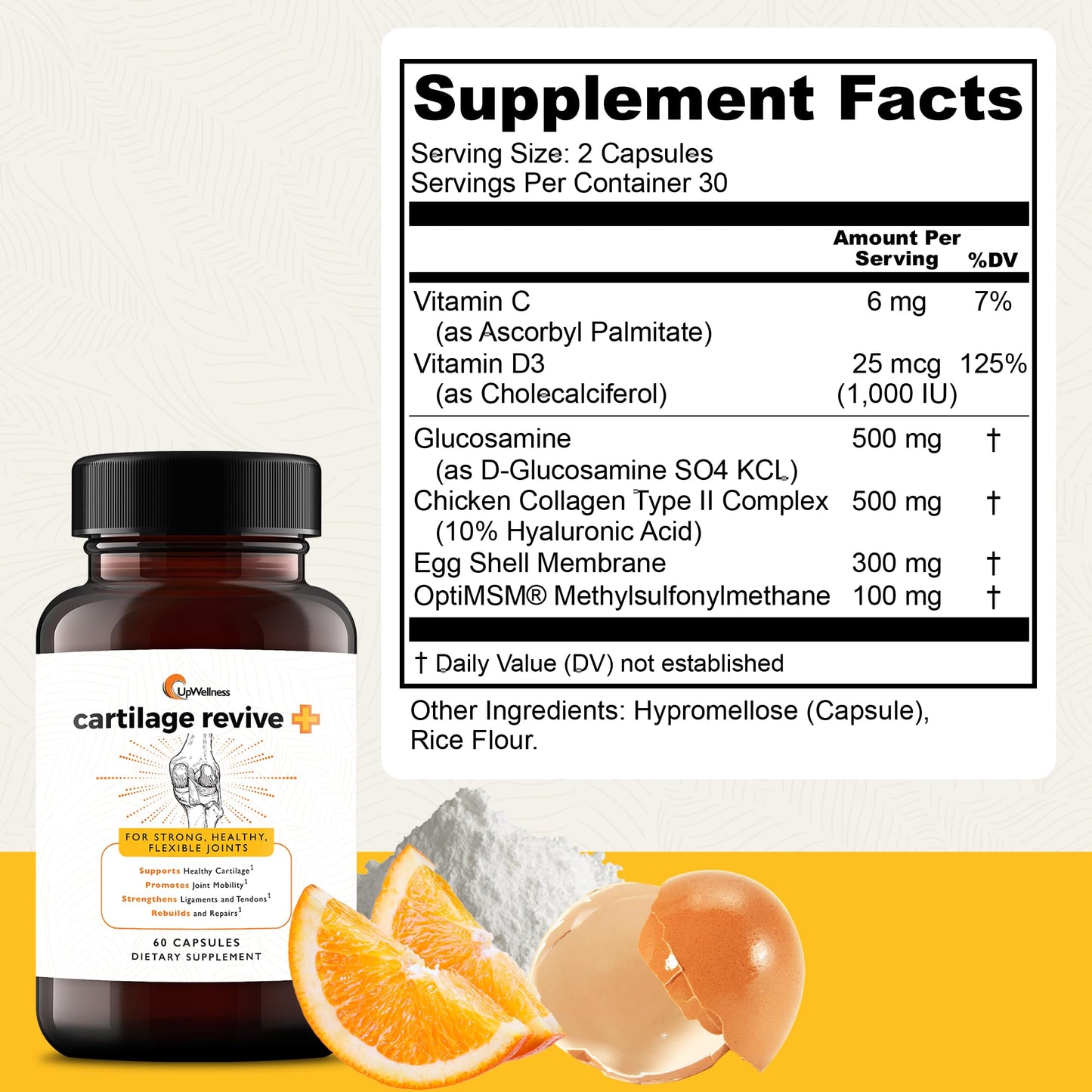 UpWellness Cartilage Revive + Joint Support – Type II Collagen, Glucosamine, MSM, Vitamin D3 & C – 60 Capsules
