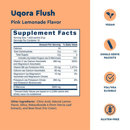 Uqora Flush Pink Lemonade – Urinary Health Drink Mix, Gluten-Free & Vegan, 20 Packets (2 Pack)