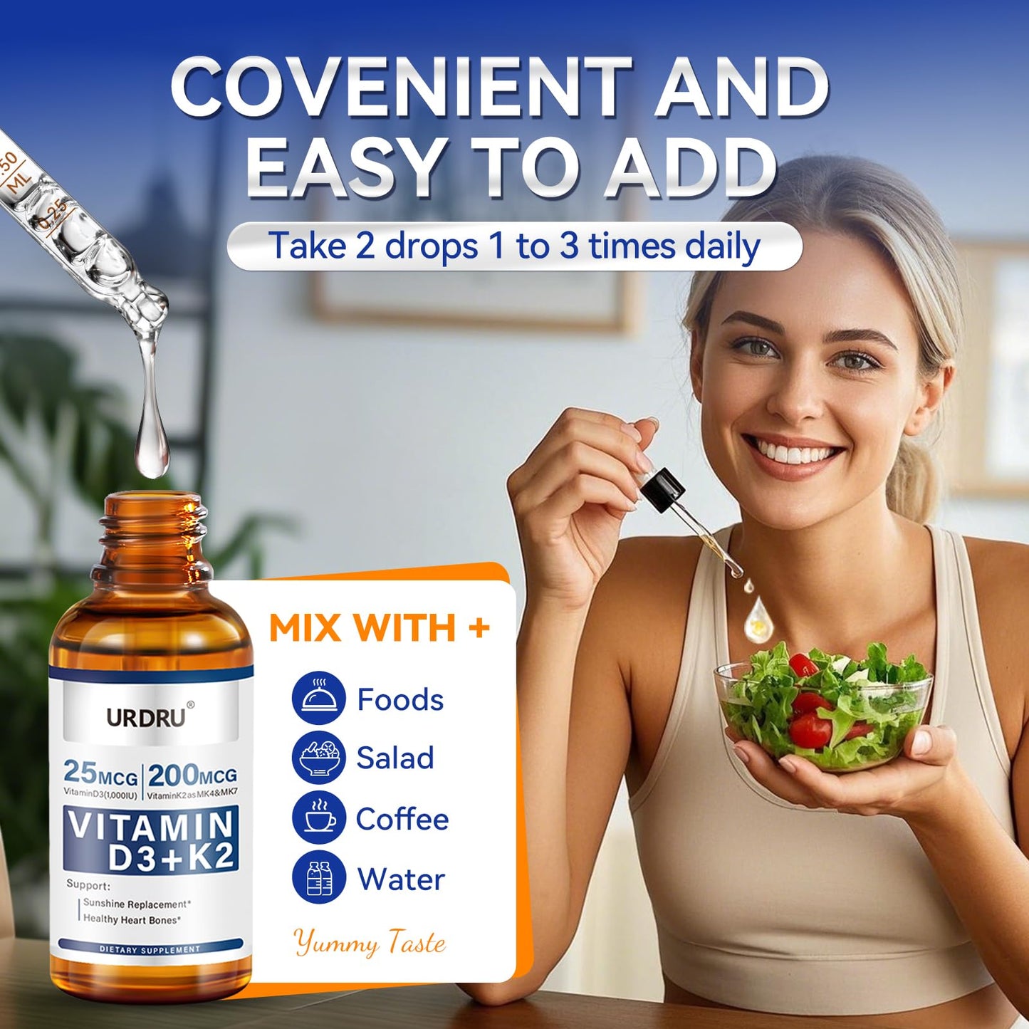 URDRU (2 Pack) Vitamin D3 K2 Liquid Drops – 2 Fl Oz | 1,000 IU D3 & 200 mcg K2 for Immune & Bone Health