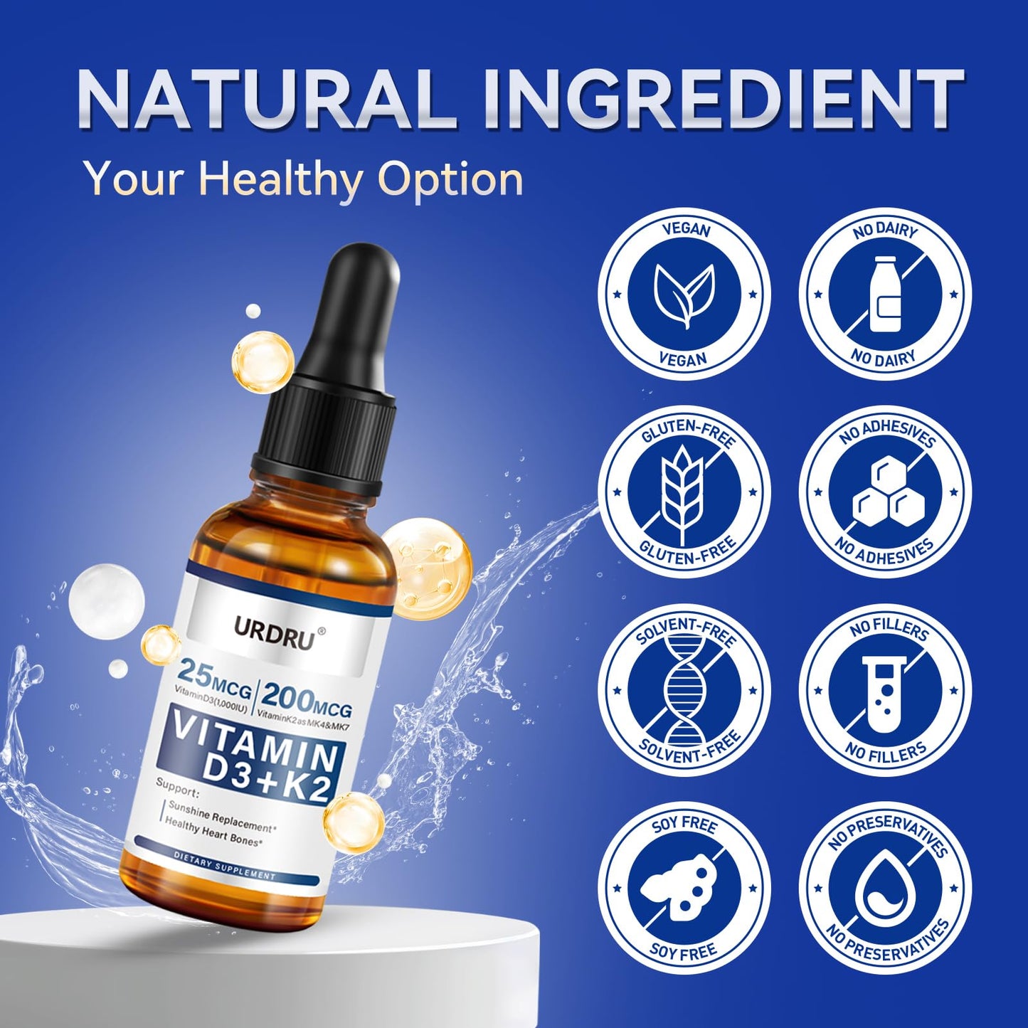 URDRU (2 Pack) Vitamin D3 K2 Liquid Drops – 2 Fl Oz | 1,000 IU D3 & 200 mcg K2 for Immune & Bone Health