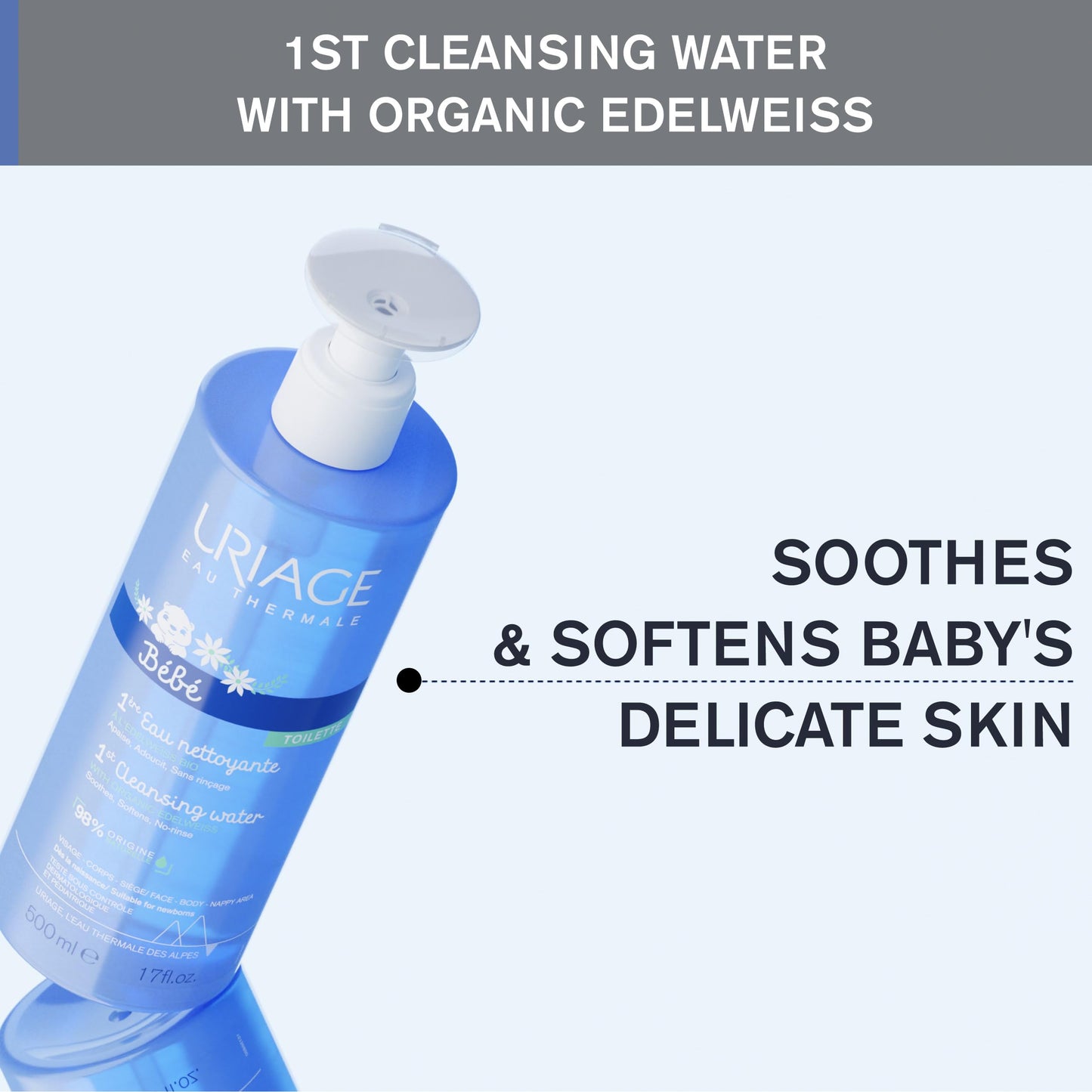 URIAGE Baby 1st Cleansing Water – No-Rinse, Organic Edelweiss, 500 mL