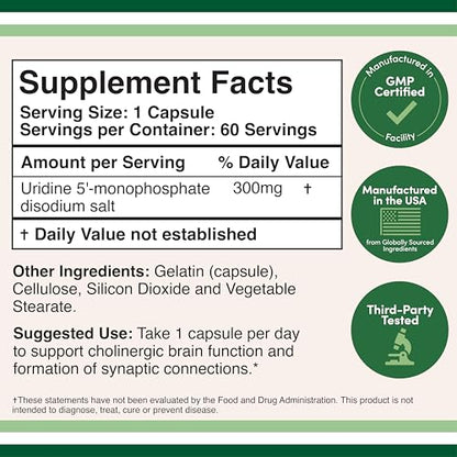 Uridine Monophosphate 300mg – Third-Party Tested (Choline Enhancer) | Double Wood (Pack of 2)