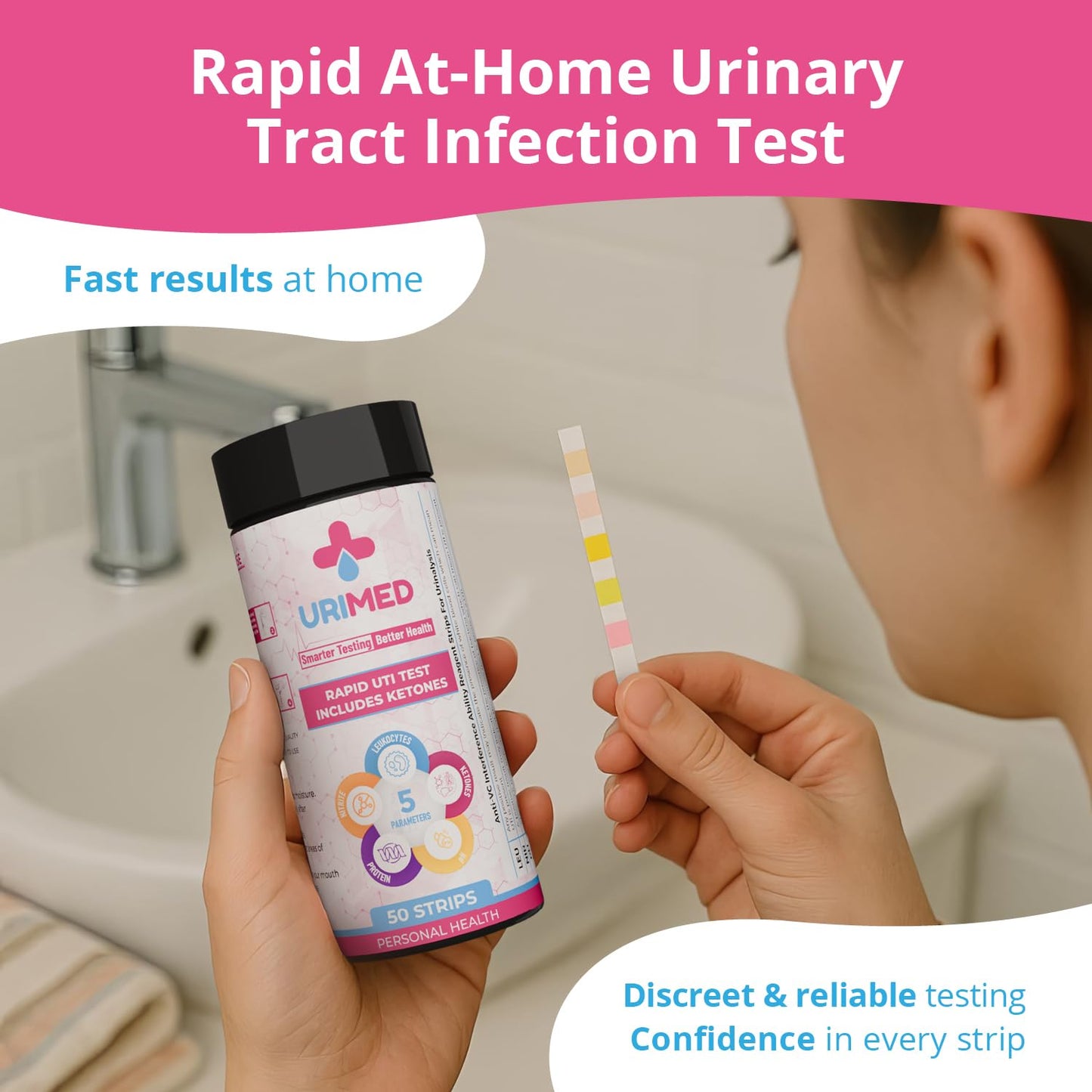URIMED 5-in-1 UTI Test Strips – Home UTI Test for Leukocytes, Nitrite, pH, Protein & Ketones | 50 Strips