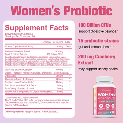 Probiotics for Women | 100B CFU with Prebiotics, Digestive Enzymes, D-Mannose & Cranberry - 120 Capsules