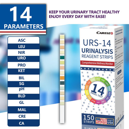 14 Parameters Urine Test Strips for Urinalysis | 150 Strips – Kidney, Liver, UTI, Ketosis, pH, KET, Prot, SG, BIL, CRE, BLO & 7+ More