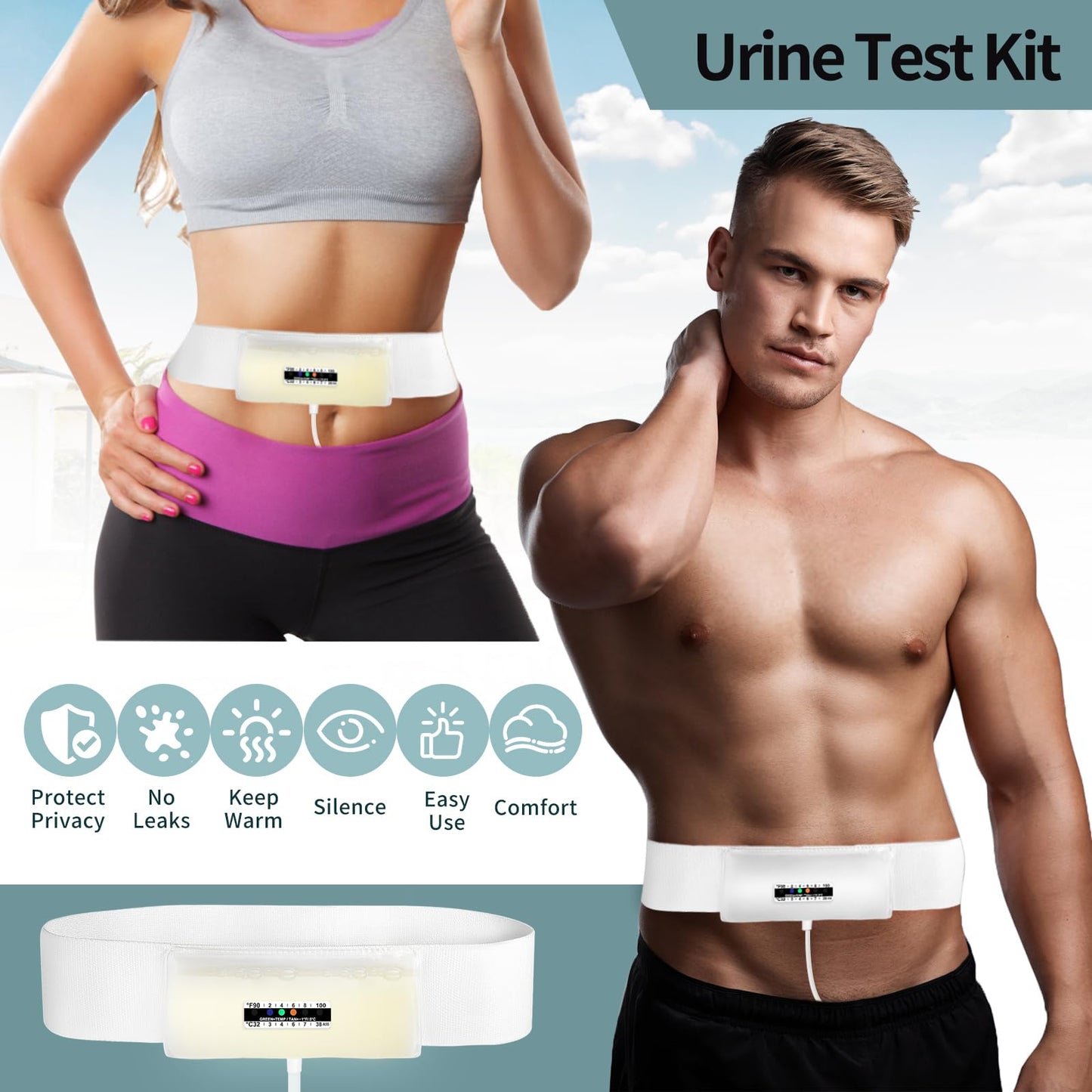 Urine Test Complete Kit — 43.3 Inch Concealed Belt, 2-4 oz Pouch, 5 Outlets, Temp Strips