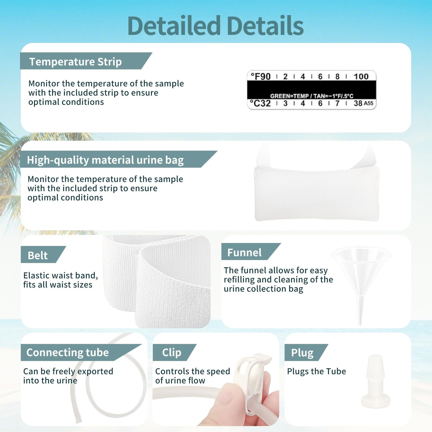 Urine Test Complete Kit — 43.3 Inch Concealed Belt, 2-4 oz Pouch, 5 Outlets, Temp Strips