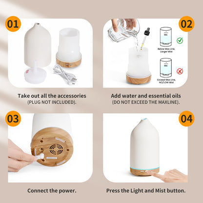 URPOWER 120ML Ceramic Essential Oil Diffuser – Ultrasonic, 7-Color LED, Auto Shut-Off