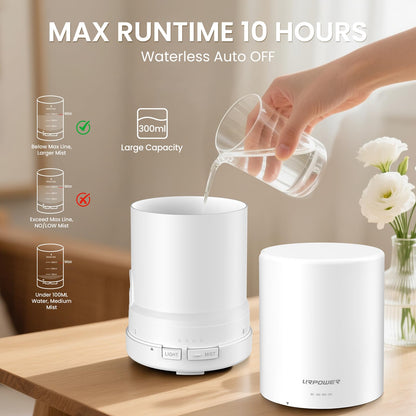 URPOWER 300ml Aromatherapy Diffuser | Ultrasonic Humidifier with 7 Color LED Night Light & 4 Timer Settings