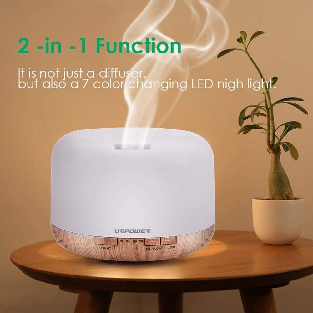 URPOWER 500ml Essential Oil Diffuser - 7-Color LED, 4 Timers, Auto Shut-Off