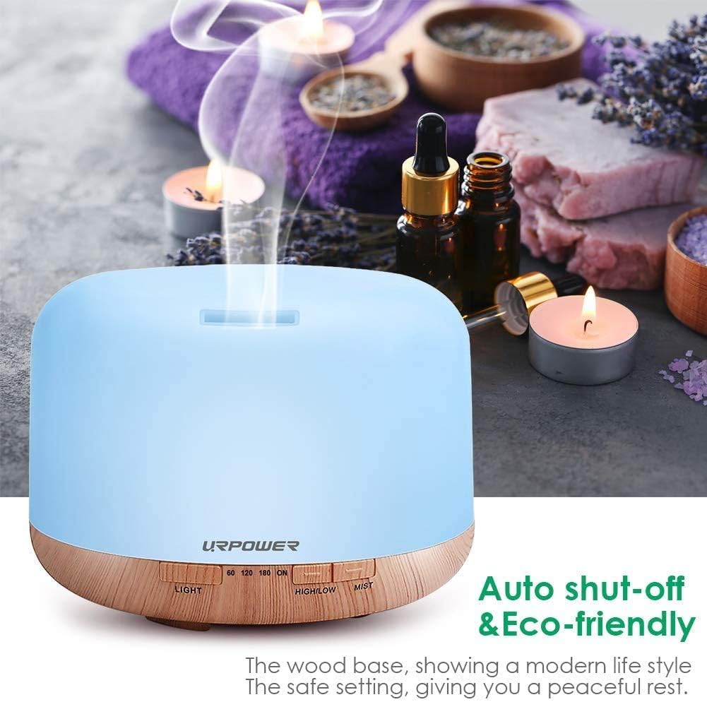 URPOWER 500ml Essential Oil Diffuser - 7-Color LED, 4 Timers, Auto Shut-Off