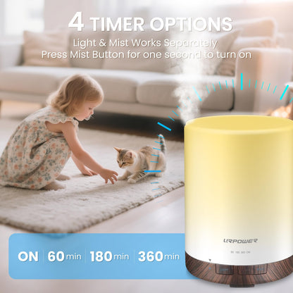 URPOWER 300ml Essential Oil Diffuser | Ultrasonic Humidifier, Auto Shut Off, 7 Color LEDs, 4 Timers