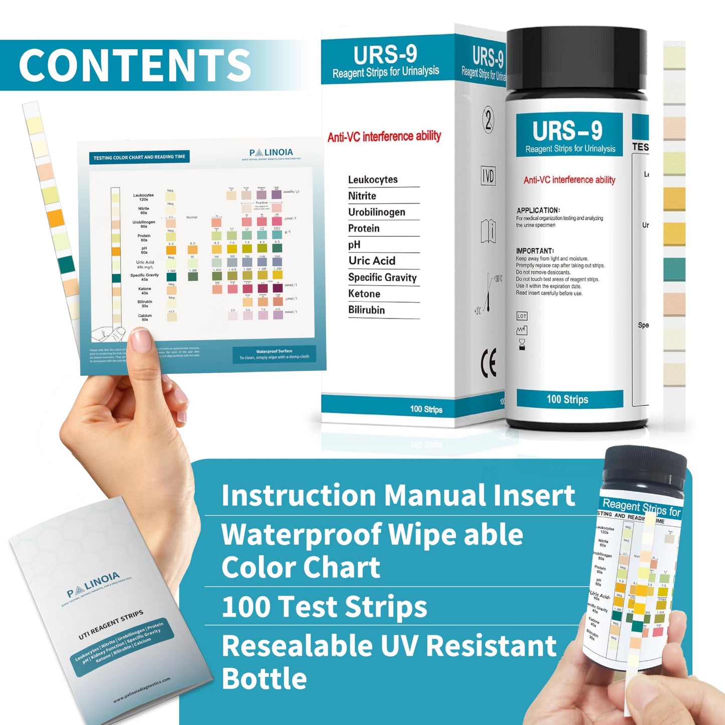 URS 9-in-1 Urine Test Strips 100 CT – 9 Parameters Testing (UTI, Protein, Leukocytes, Nitrite, pH, Ketosis)