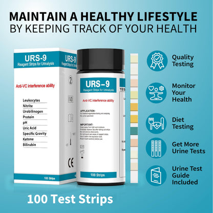 URS 9-in-1 Urine Test Strips 100 CT – 9 Parameters Testing (UTI, Protein, Leukocytes, Nitrite, pH, Ketosis)